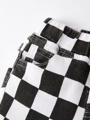 Girls Black and White Check Print Elastic Flared Jeans