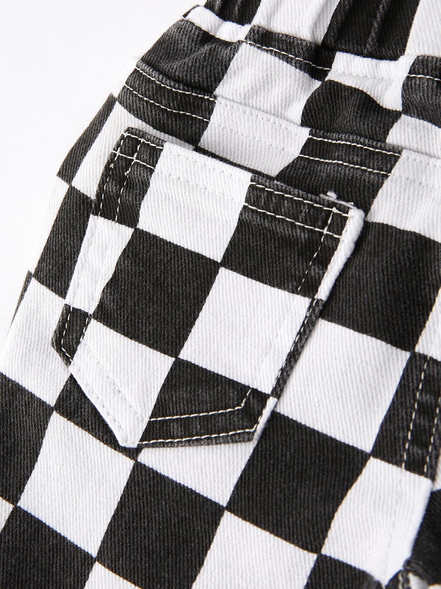 Girls Black and White Check Print Elastic Flared Jeans