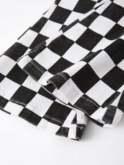 Girls Black and White Check Print Elastic Flared Jeans