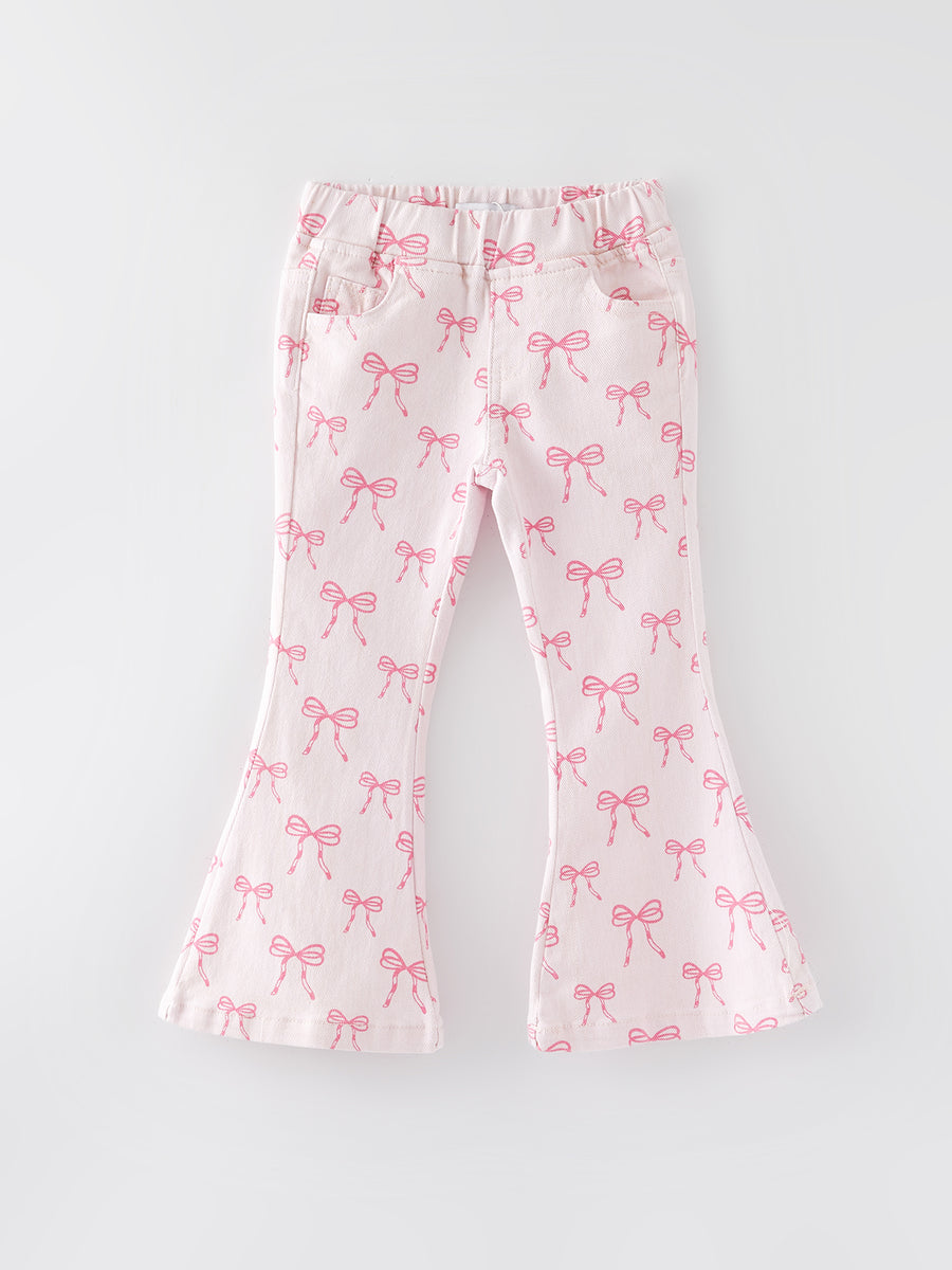 Girls Pink Bow Print Elastic Flared Jeans