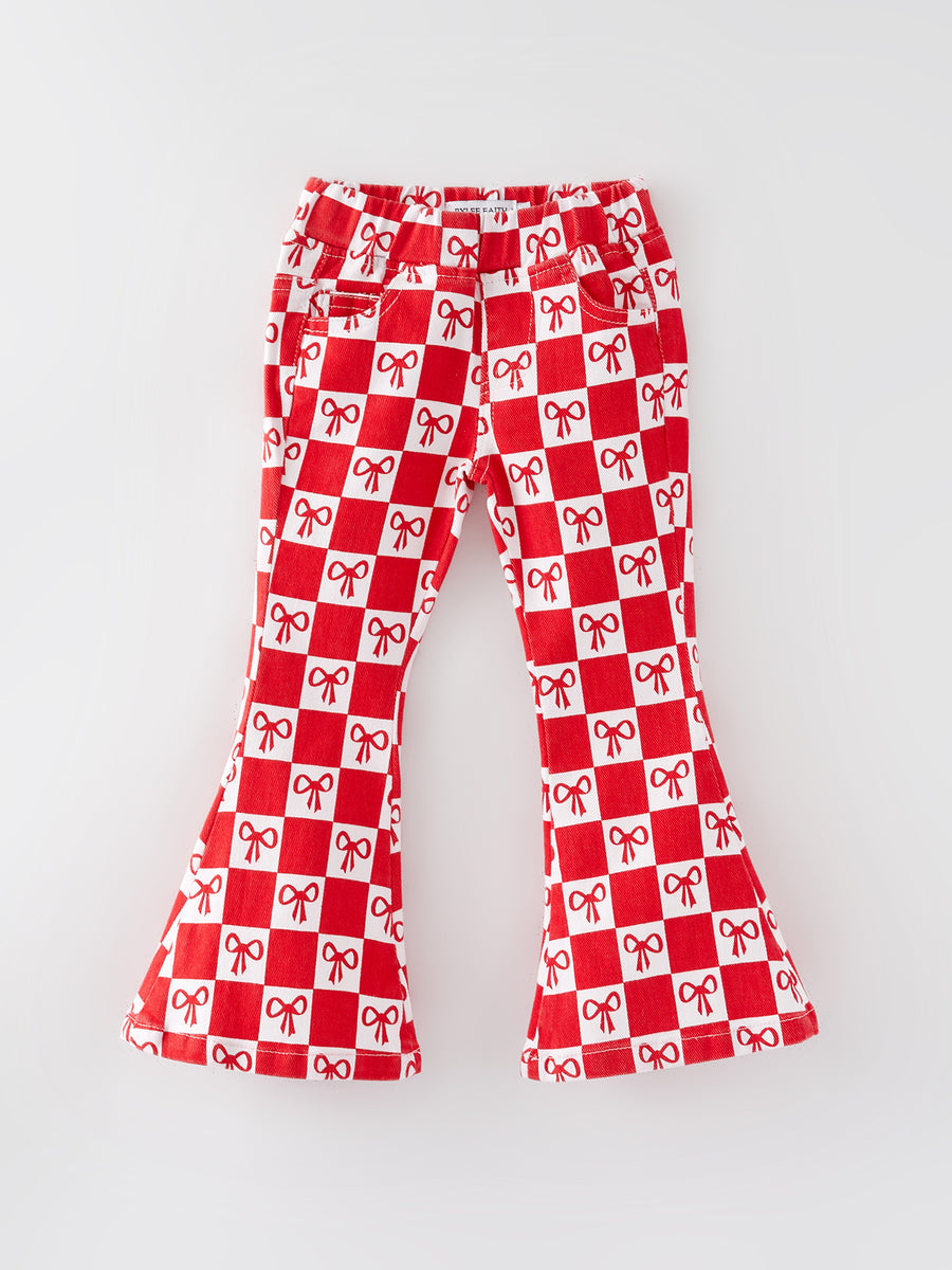 Girls Red Bow Print Plaid Flared Jeans