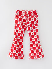 Girls Red Bow Print Plaid Flared Jeans