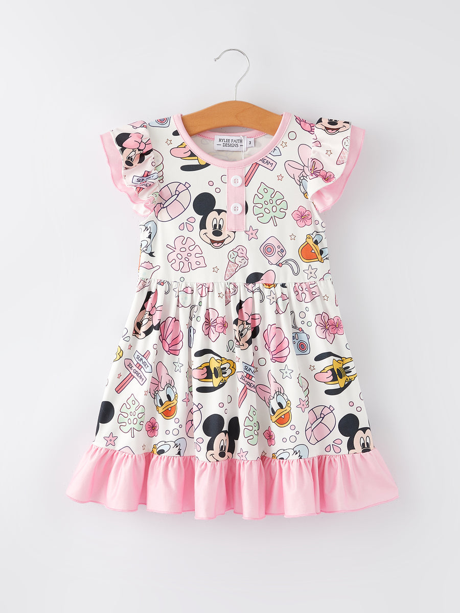 Easter Cartoon Character Ocean Print Ruffle Girls Dress