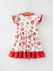 Easter Strawberry Print Ruffle Girls Dress