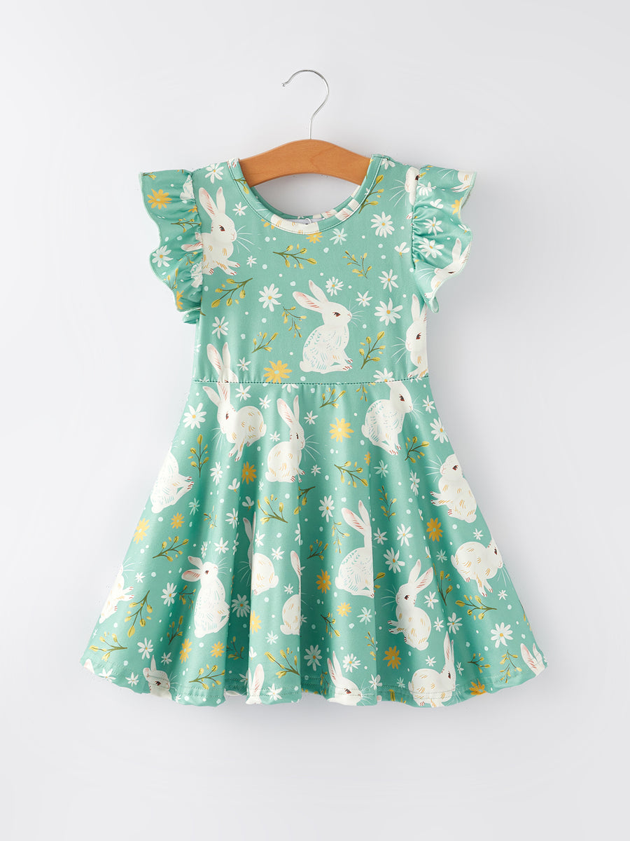 Easter Bunny Green Flying Sleeves Girls Dress