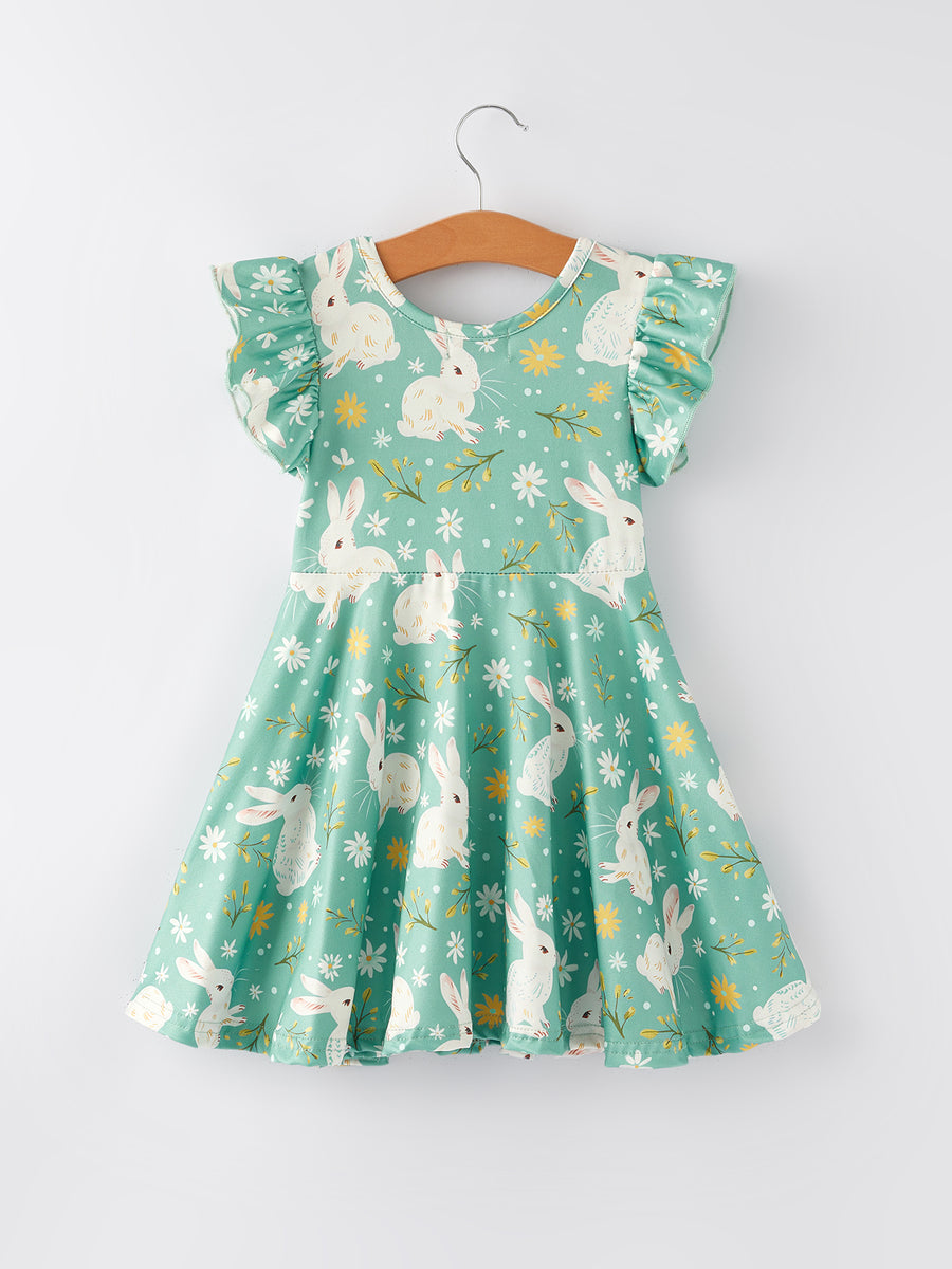 Easter Bunny Green Flying Sleeves Girls Dress