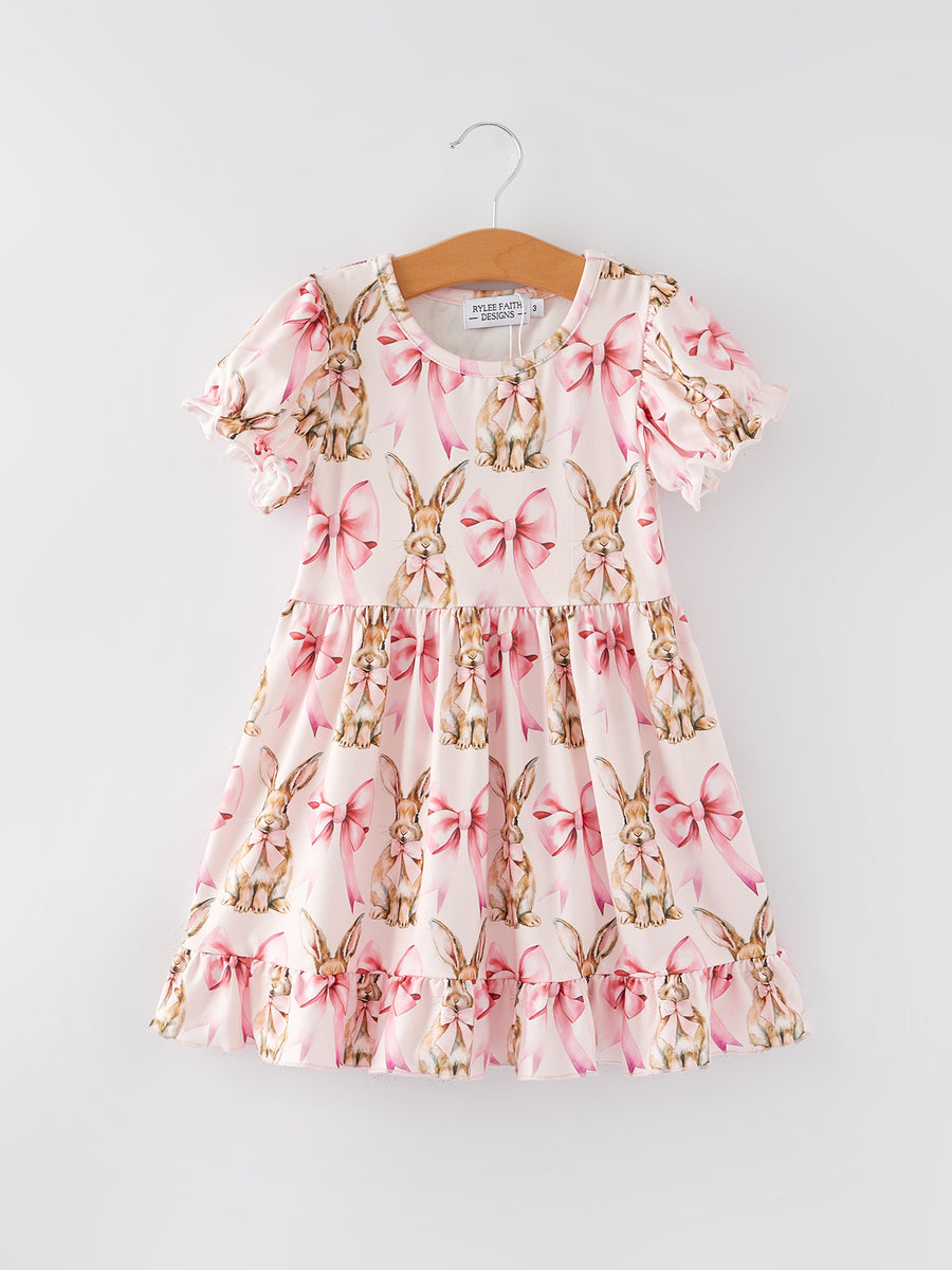 Easter Bunny Bow Print Puff Sleeves Girls Dress