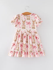 Easter Bunny Bow Print Puff Sleeves Girls Dress