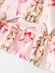 Easter Bunny Bow Print Puff Sleeves Girls Dress