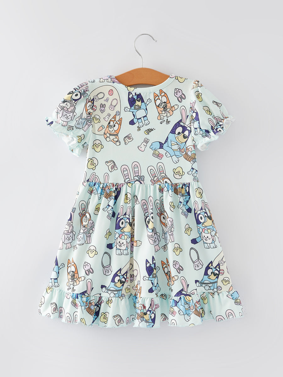 Easter Bunny Cartoon Puff Sleeves Girls Dress