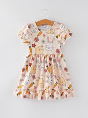 Easter Bunny Chick Print Puff Sleeves Girls Dress