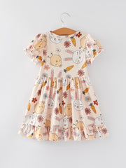 Easter Bunny Chick Print Puff Sleeves Girls Dress