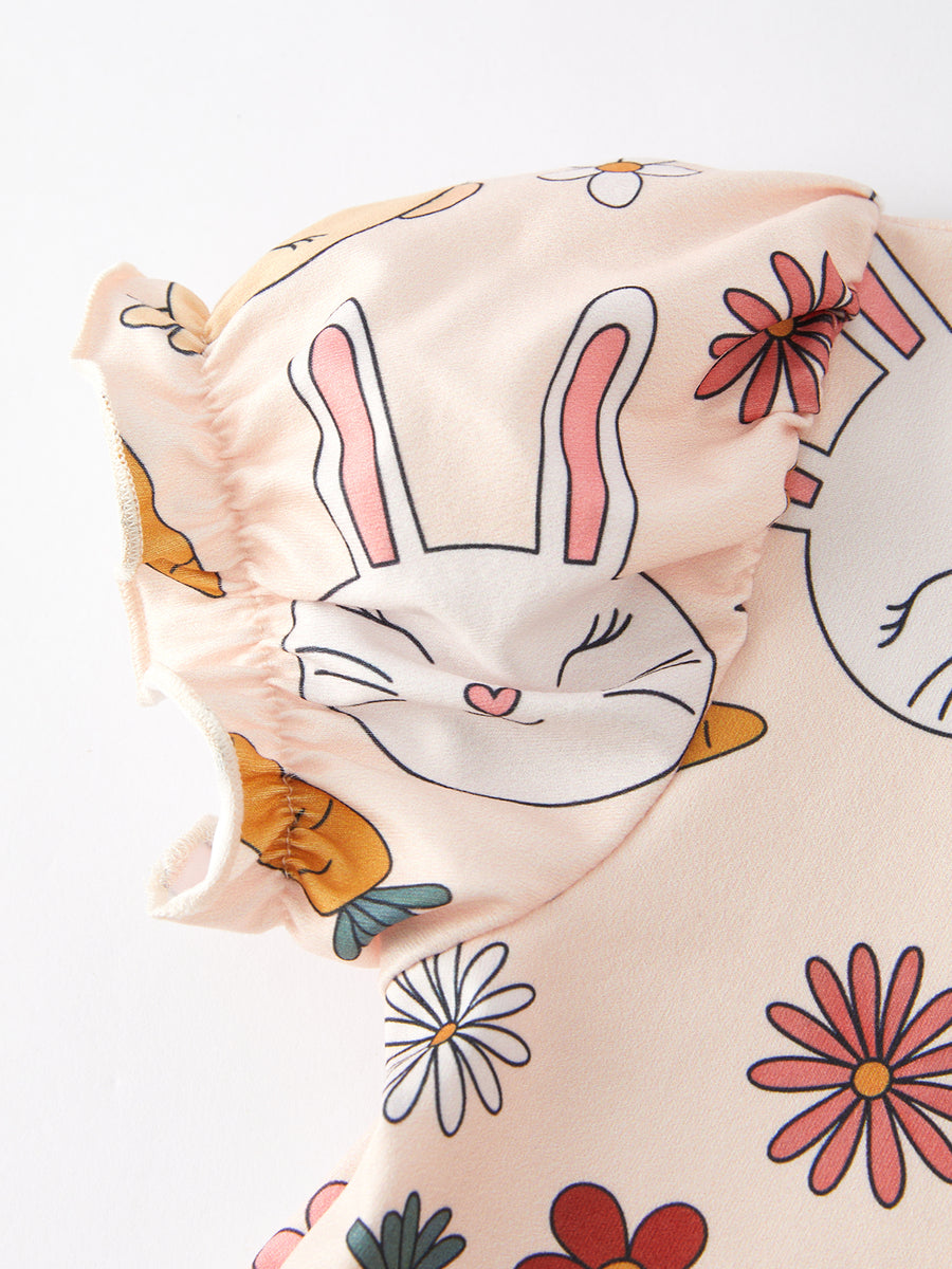 Easter Bunny Chick Print Puff Sleeves Girls Dress