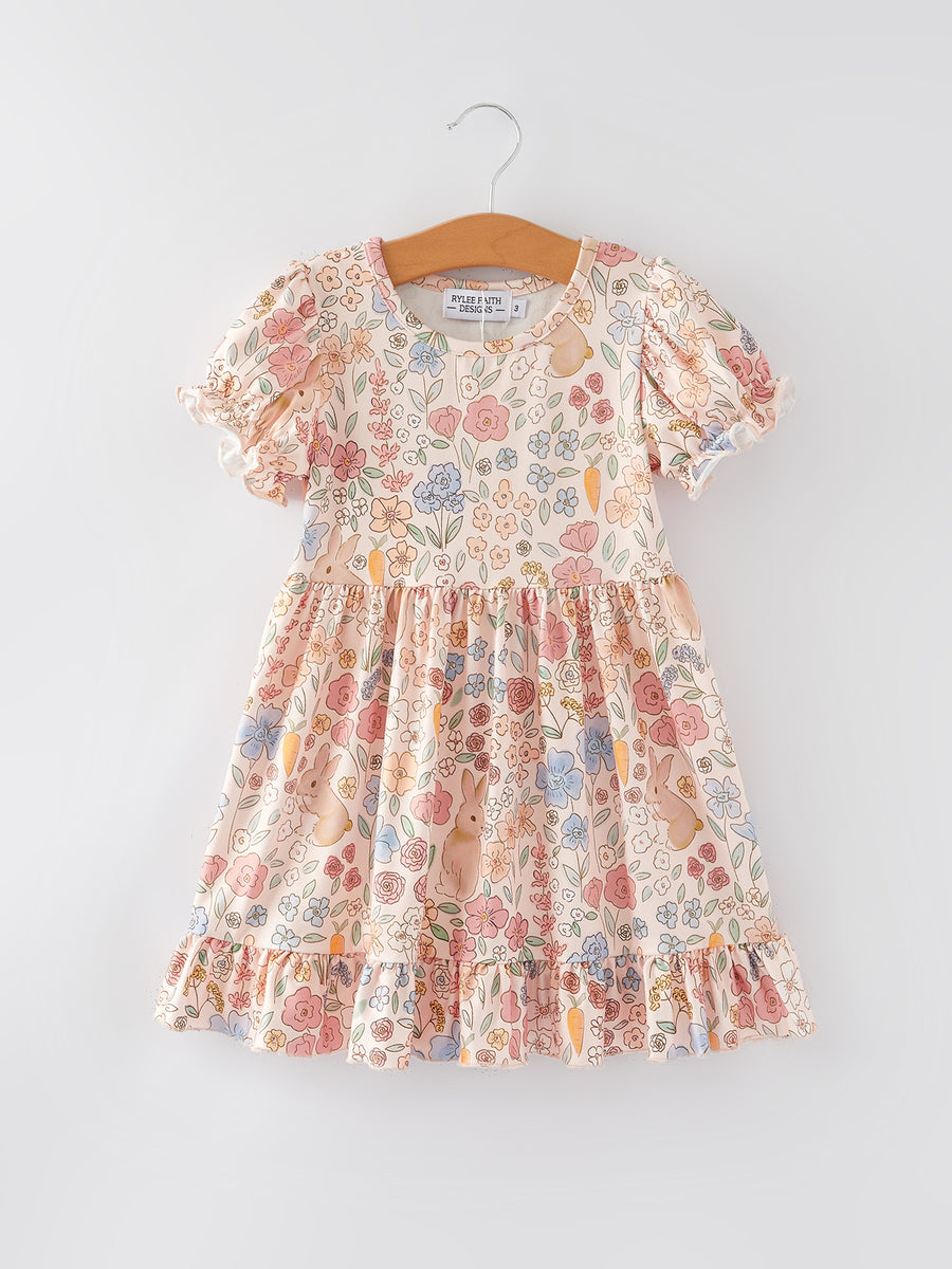 Easter Bunny Floral Puff Sleeves Girls Dress