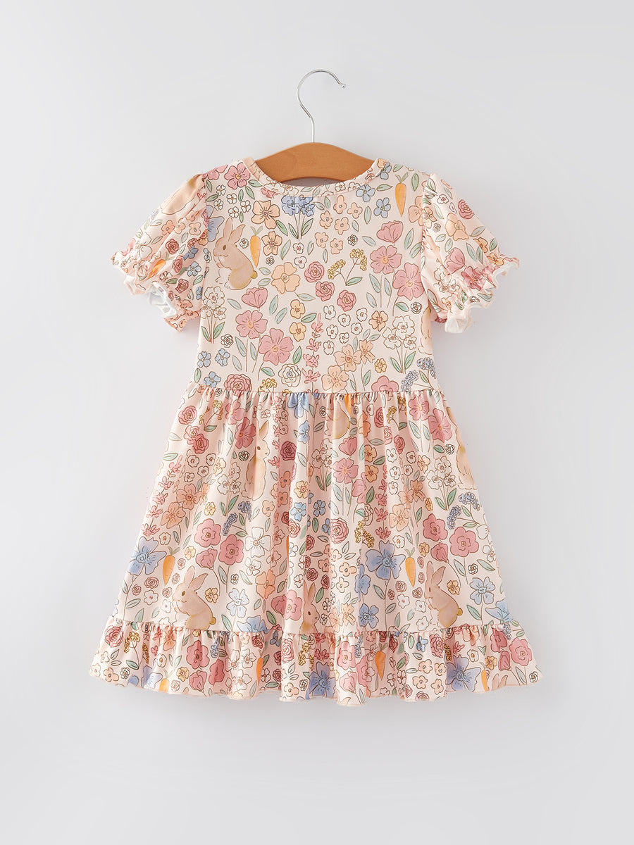 Easter Bunny Floral Puff Sleeves Girls Dress