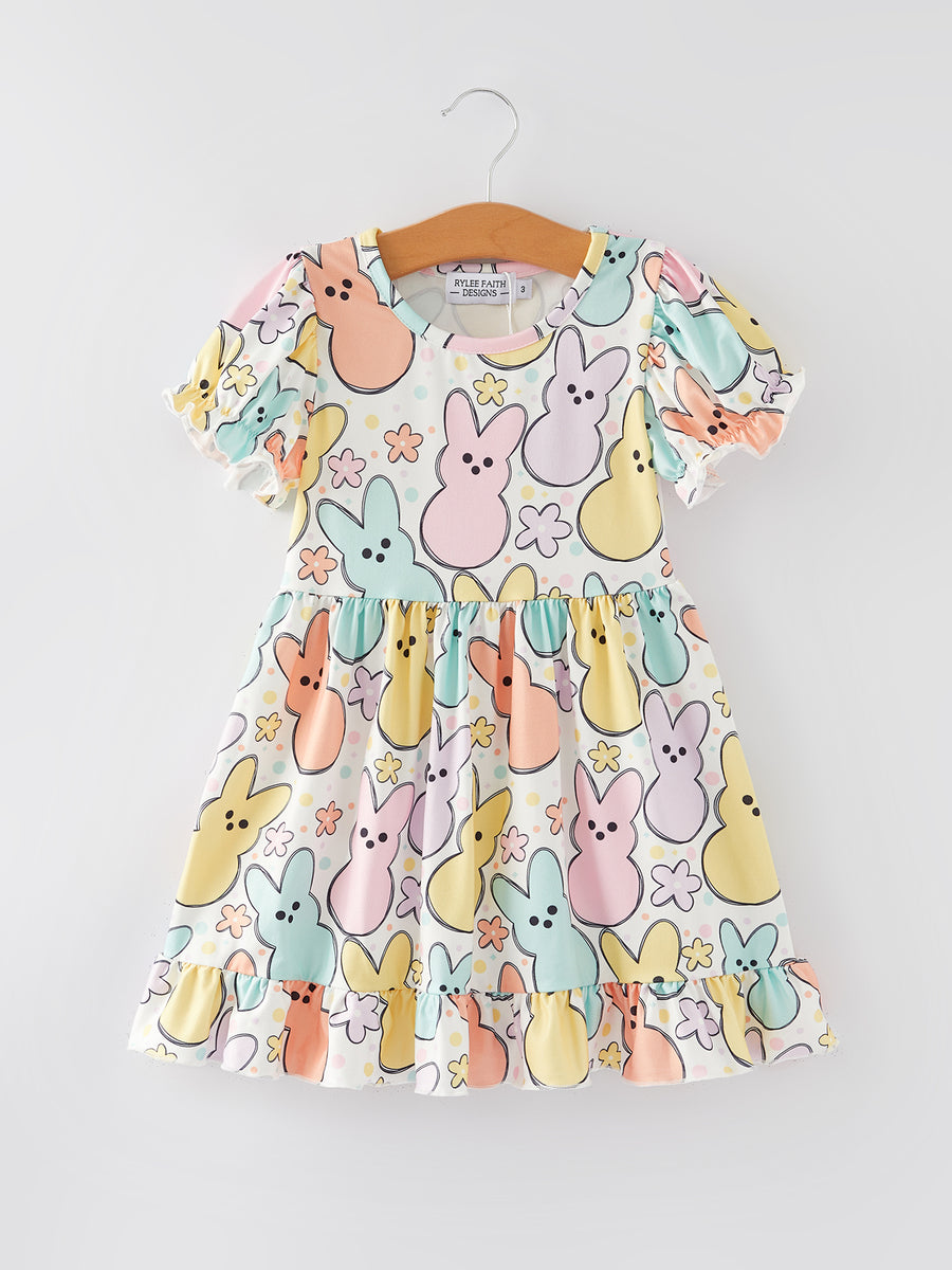 Easter Colorful Bunny Print Puff Sleeves Girls Dress