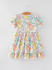 Easter Colorful Bunny Print Puff Sleeves Girls Dress