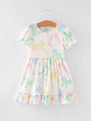 Easter Colorful Bow Print Puff Sleeves Girls Dress