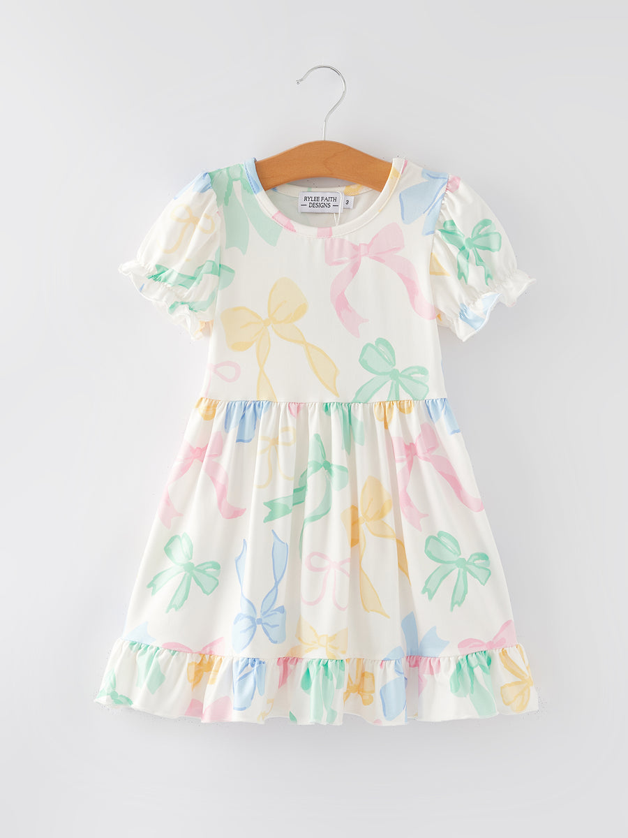 Easter Colorful Bow Print Puff Sleeves Girls Dress