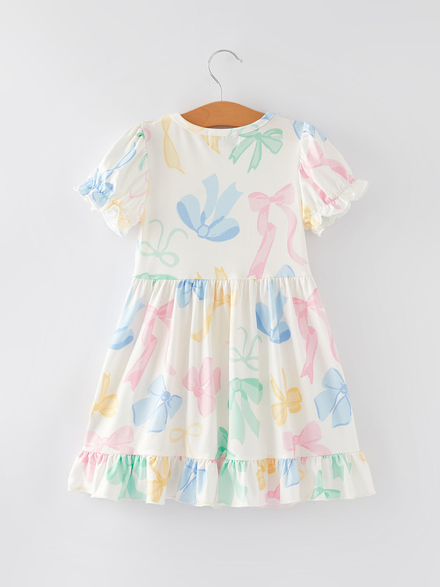 Easter Colorful Bow Print Puff Sleeves Girls Dress