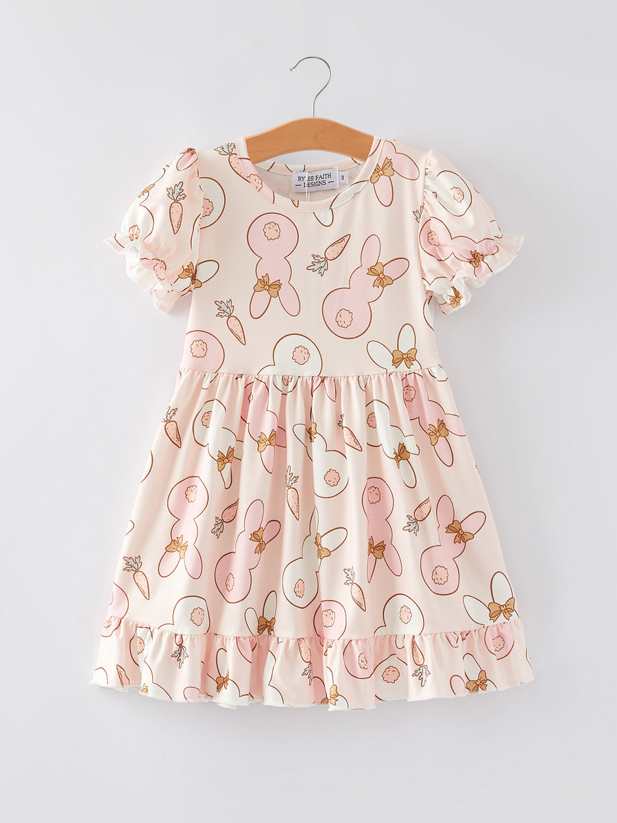 Easter Cute Rabbit Carrot Print Ruffle Girls Dress