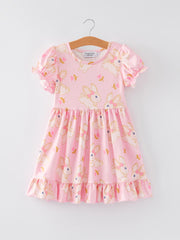 Easter Cute Rabbit Print Ruffle Pink Girls Dress