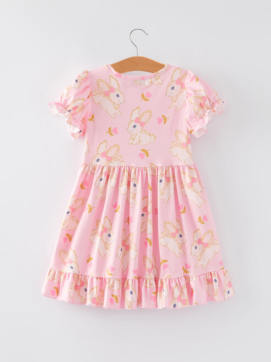 Easter Cute Rabbit Print Ruffle Pink Girls Dress