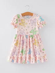 Easter Colorful Bow Print Ruffles Girls Dress