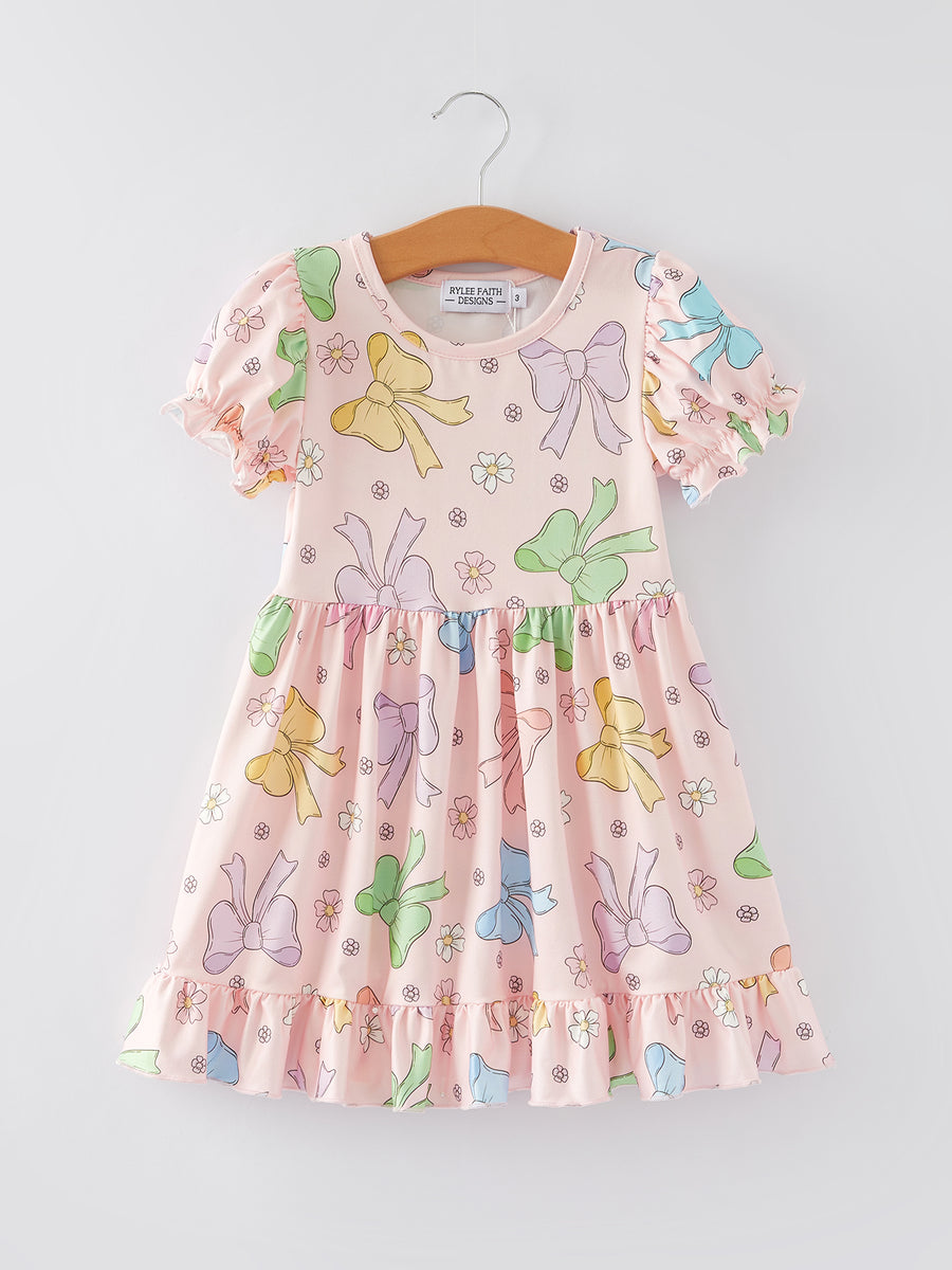 Easter Colorful Bow Print Ruffles Girls Dress