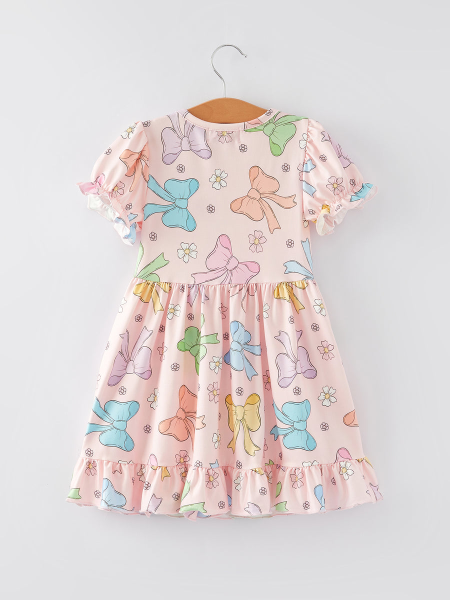 Easter Colorful Bow Print Ruffles Girls Dress