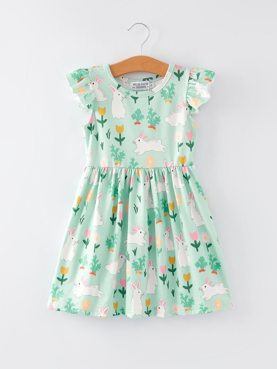 Easter Tulip Bunny Print Fly Sleeve Girls Dress