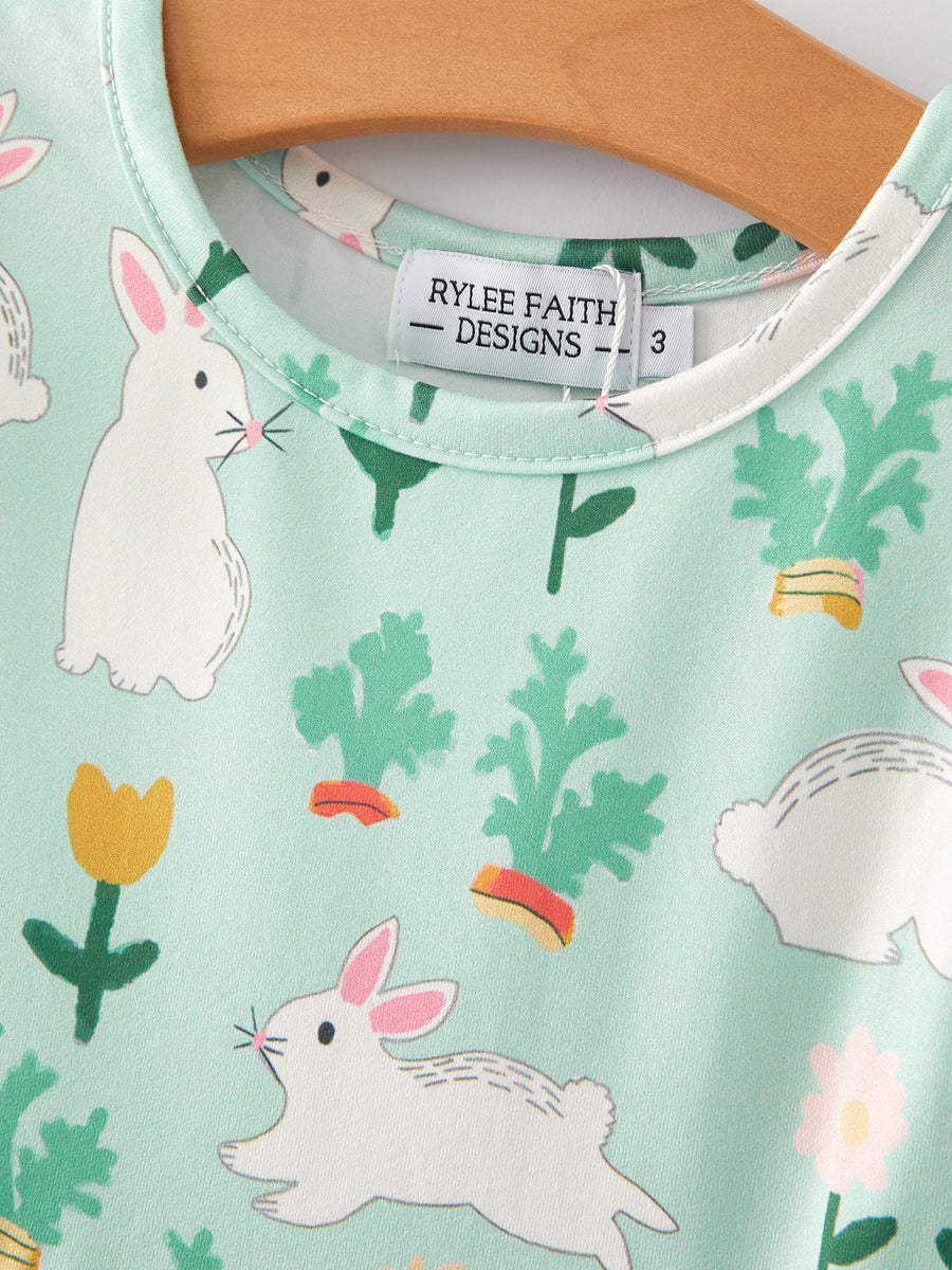 Easter Tulip Bunny Print Fly Sleeve Girls Dress