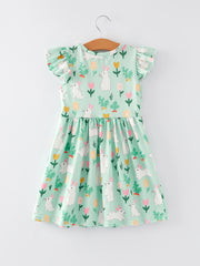 Easter Tulip Bunny Print Fly Sleeve Girls Dress