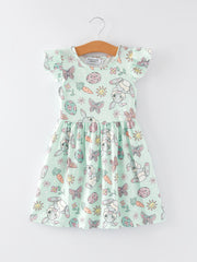 Easter Butterfly Egg Bunny Print Flying Sleeve Girls Dress