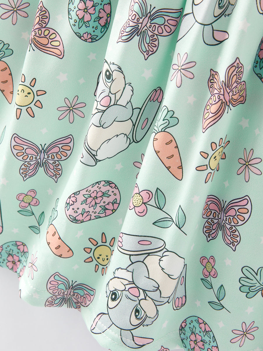 Easter Butterfly Egg Bunny Print Flying Sleeve Girls Dress