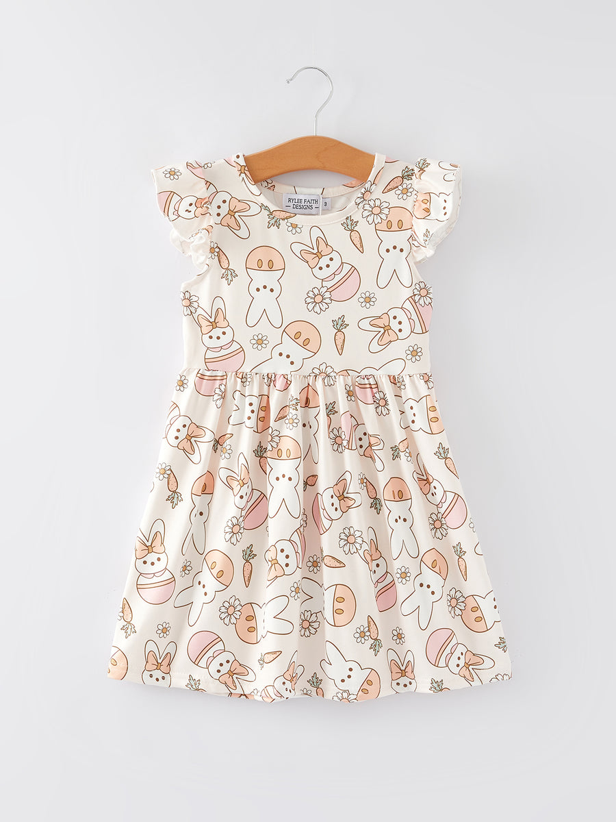 Easter Carrot Daisy Bunny Print Flying Sleeve Girls Dress