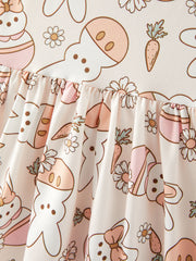 Easter Carrot Daisy Bunny Print Flying Sleeve Girls Dress