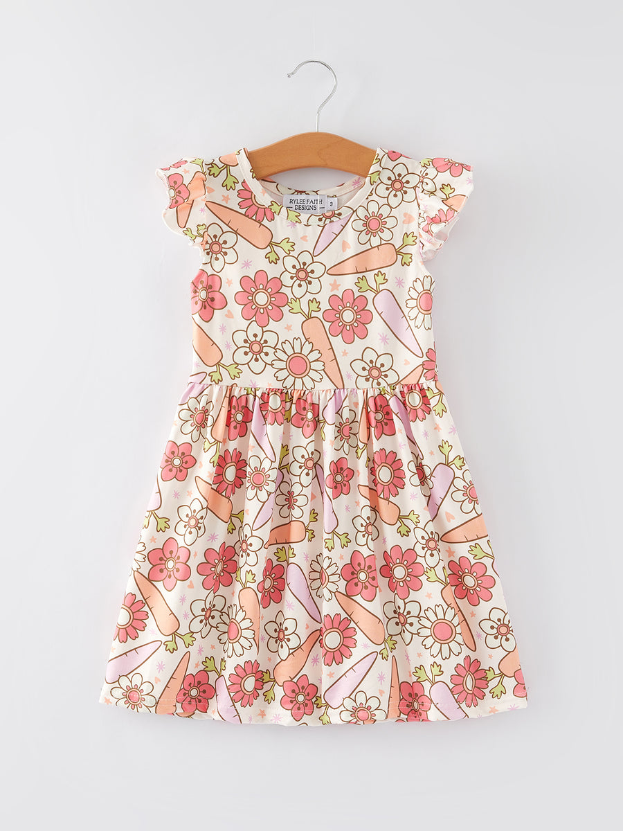 Easter Cute Carrot Flower Print Flying Sleeve Girls Dress