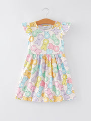 Easter Colorful Bunny Printed Flying Sleeve Girls Dress