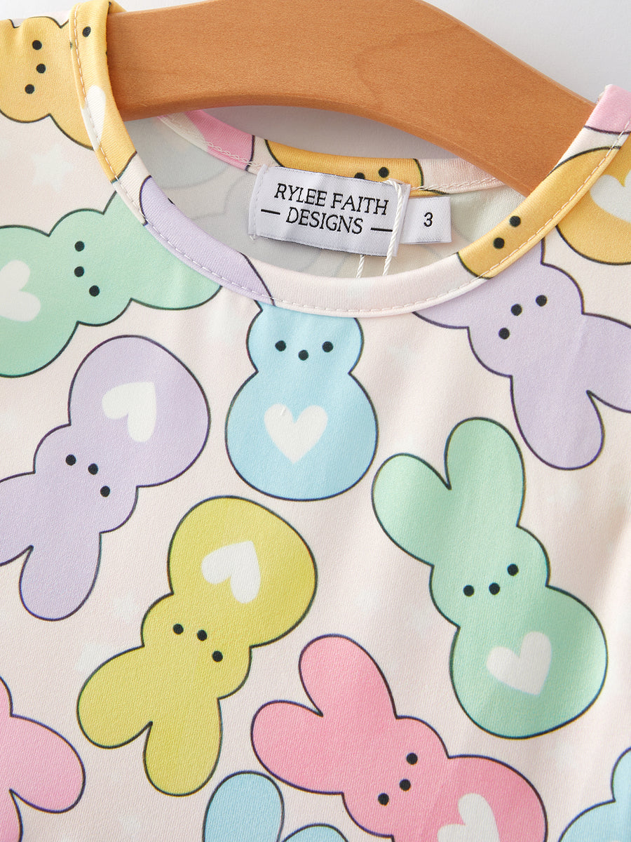 Easter Colorful Bunny Printed Flying Sleeve Girls Dress