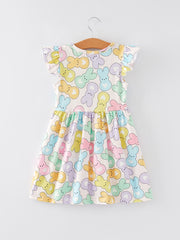 Easter Colorful Bunny Printed Flying Sleeve Girls Dress