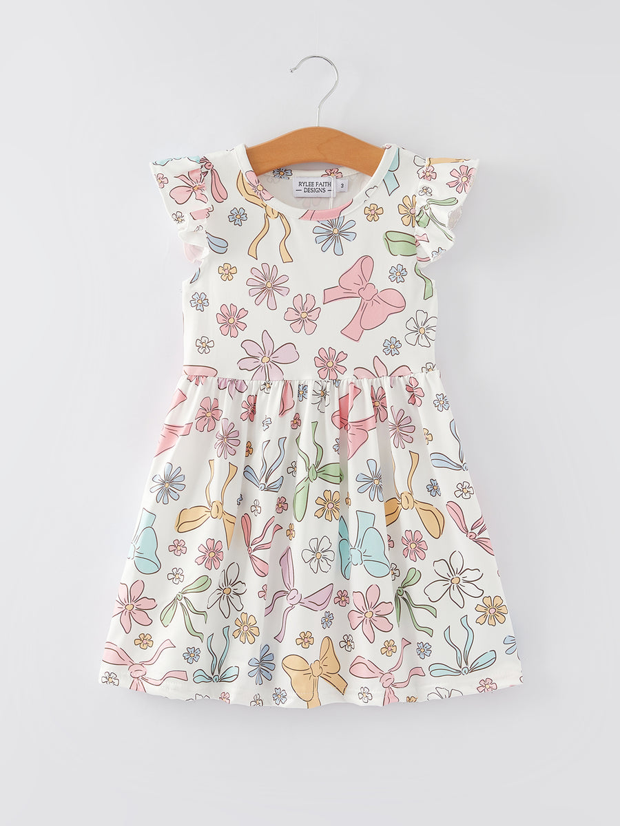 Easter Bow Floral Print Fly Sleeve Girls Dress