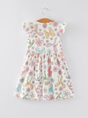 Easter Bow Floral Print Fly Sleeve Girls Dress