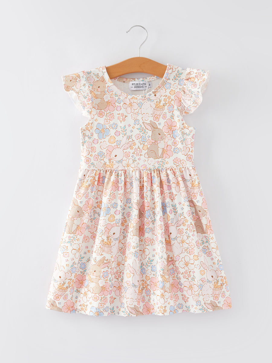 Easter Bunny Floral Print Fly Sleeve Girls Dress