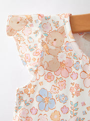 Easter Bunny Floral Print Fly Sleeve Girls Dress