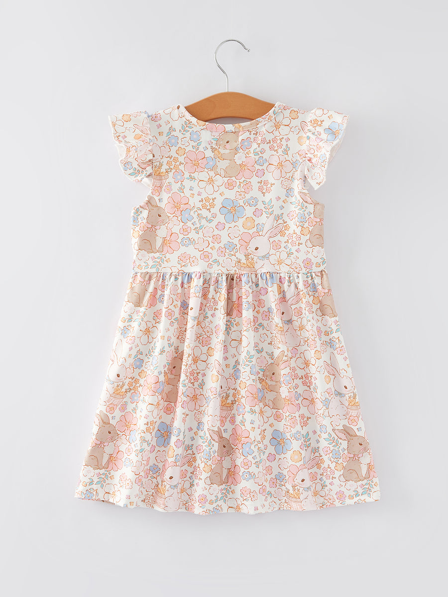 Easter Bunny Floral Print Fly Sleeve Girls Dress