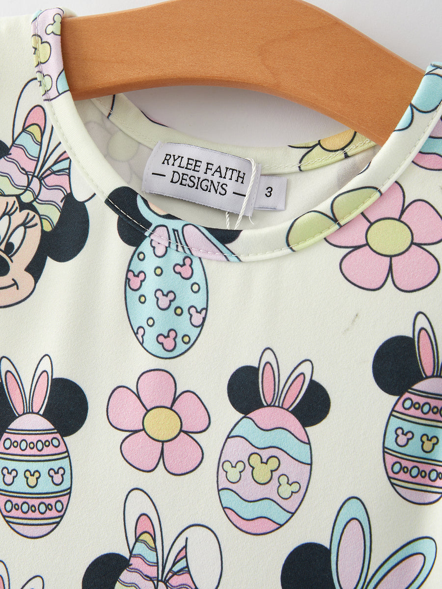 Easter Cartoon Egg Floral Printed Flying Sleeve Girls Dress