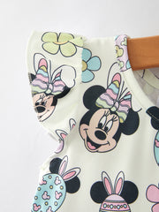 Easter Cartoon Egg Floral Printed Flying Sleeve Girls Dress