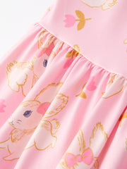 Easter Cute Rabbit Print Ruffle Pink Girls Dress