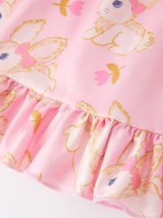 Easter Cute Rabbit Print Ruffle Pink Girls Dress